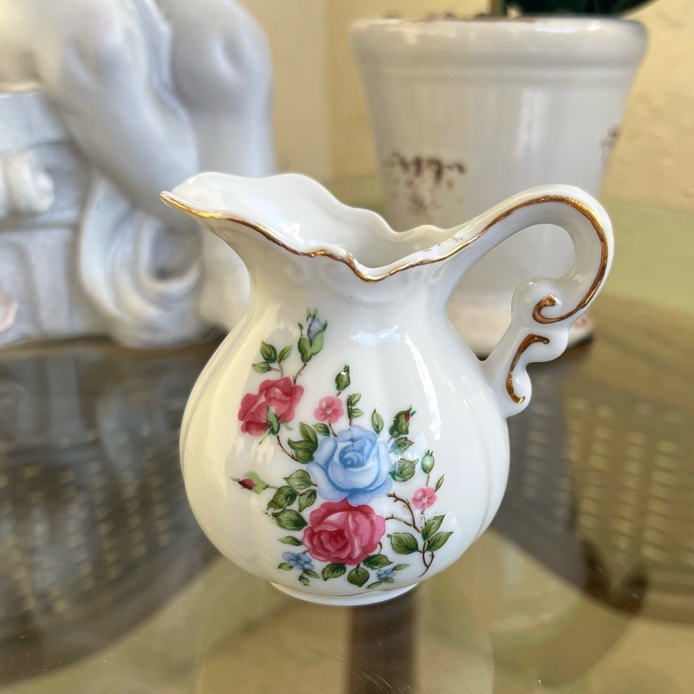 Vintage Mid Century Victorian Pottery White Glazed Pitcher with Blue Roses 5.5”